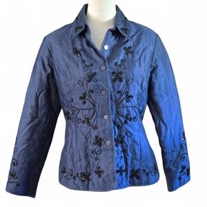 Carole Little 100% Silk Jacket Embroidered Beaded Quilted Blue Black Vintage (M)